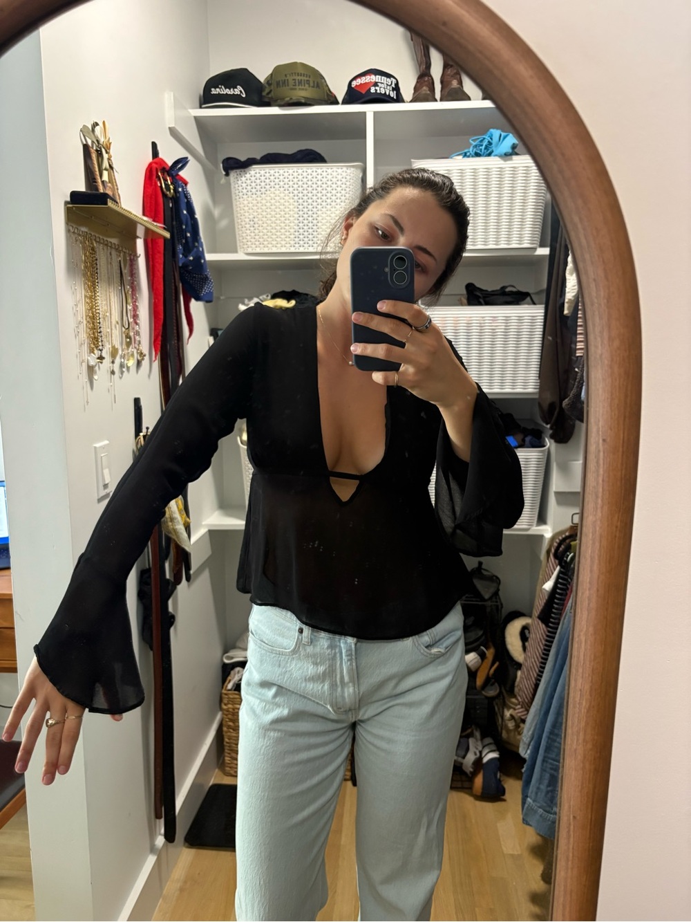 Zara Black Deep V Bell Sleeve Blouse